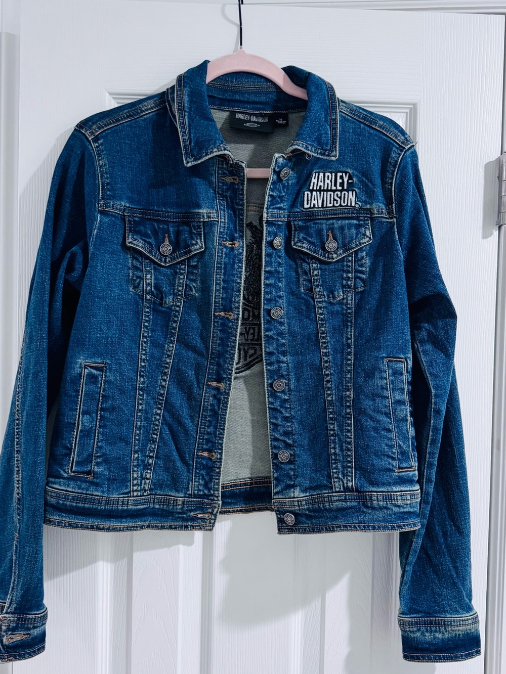 Harley-Davidson Women's Dark Blue Denim Jacket back eagle patch size XS
